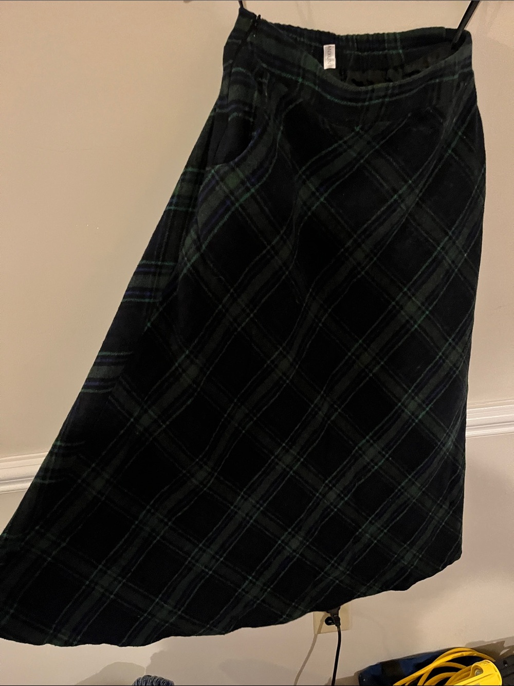 Wool blend Plaid Black and Green A-Line Skirt